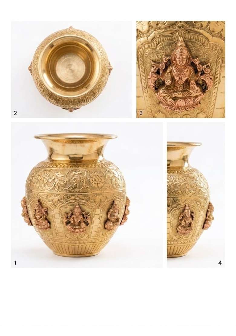 Jagadhri Bartan Pure Brass Ashta Lakshmi Kalash Lota for Puja Temple and Festive Decor Weight 480G Height - Indya