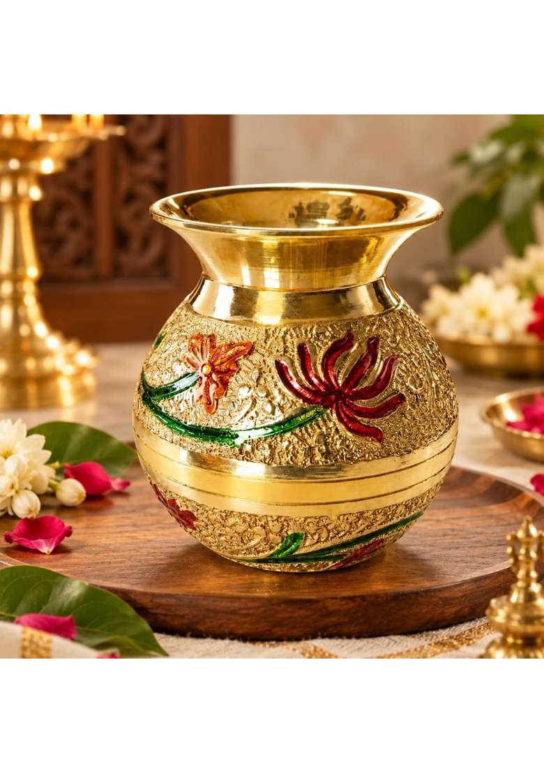 Shambhava Golden Pure Brass Big Pooja Lota Kalash 500ML with Ganga Jal Lota Kalasam Chembu - Indya