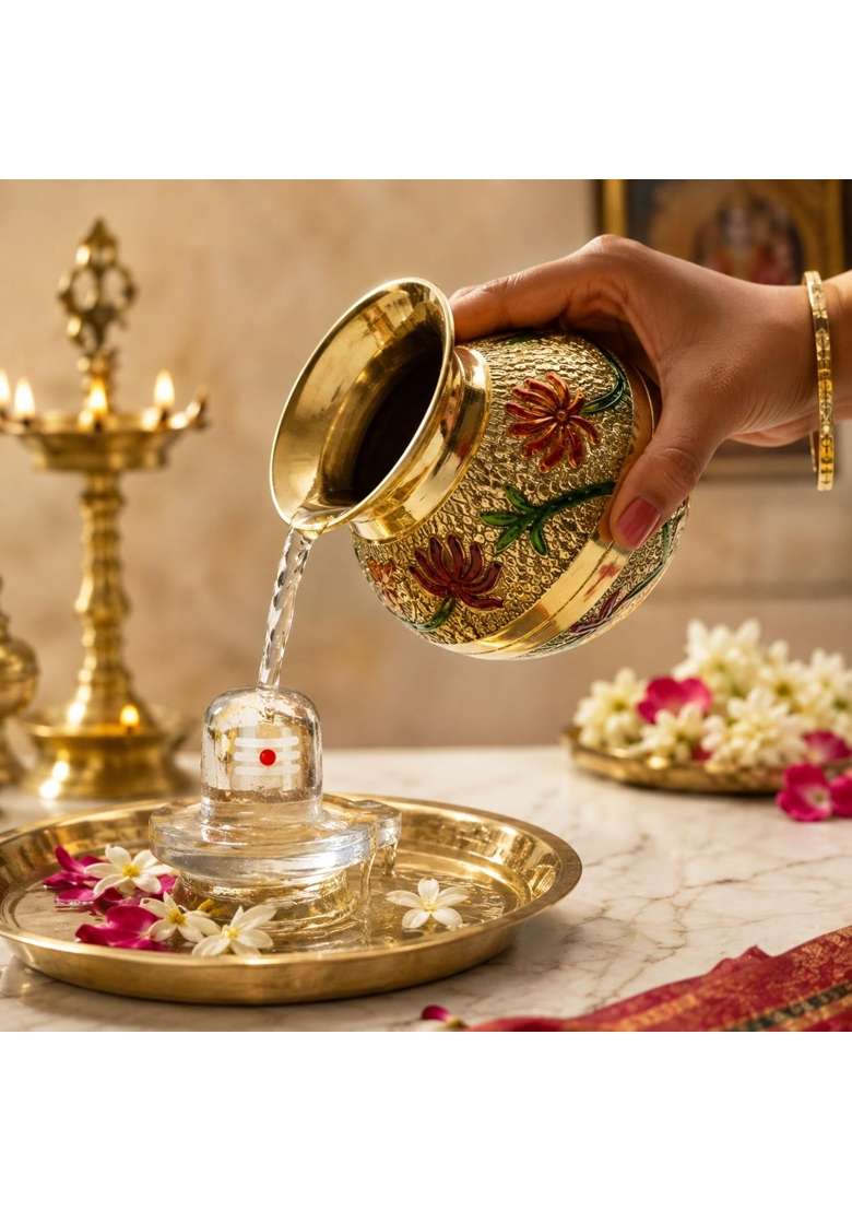 Shambhava Golden Pure Brass Big Pooja Lota Kalash 500ML with Ganga Jal Lota Kalasam Chembu - Indya