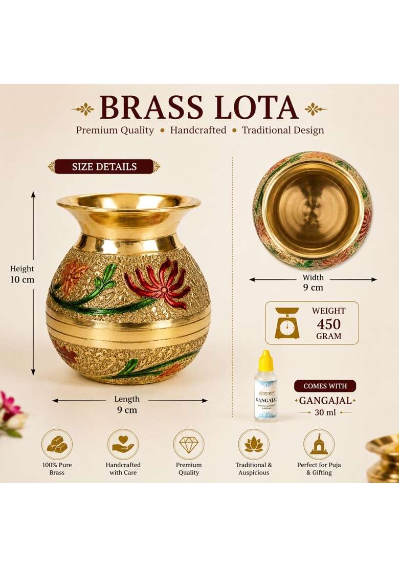 Shambhava Golden Pure Brass Big Pooja Lota Kalash 500ML with Ganga Jal Lota Kalasam Chembu - Indya