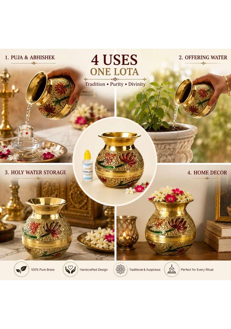 Shambhava Golden Pure Brass Big Pooja Lota Kalash 500ML with Ganga Jal Lota Kalasam Chembu - Indya
