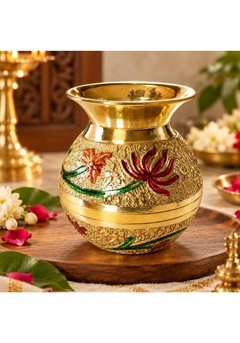 Shambhava Golden Pure Brass Big Pooja Lota Kalash 500ML with Ganga Jal Lota Kalasam Chembu