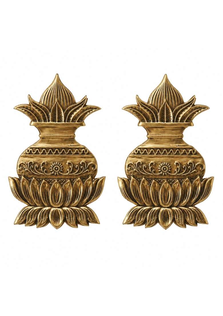 Gold Jyoti Home Decor Brass Kalash Wall Hanging with Coconut Shriphal with Lotus Design 30L X 20W CM - Indya