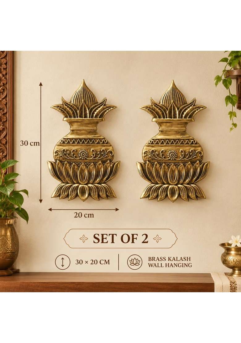 Gold Jyoti Home Decor Brass Kalash Wall Hanging with Coconut Shriphal with Lotus Design 30L X 20W CM - Indya