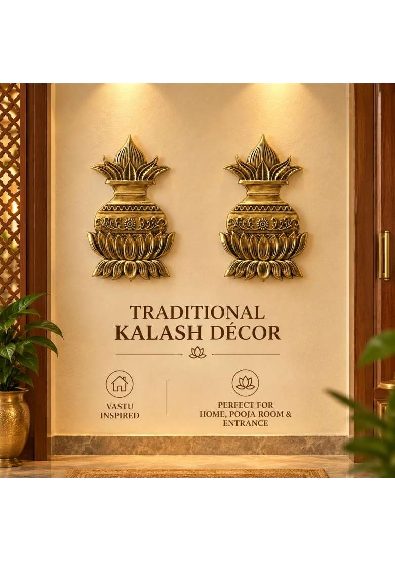 Gold Jyoti Home Decor Brass Kalash Wall Hanging with Coconut Shriphal with Lotus Design 30L X 20W CM - Indya
