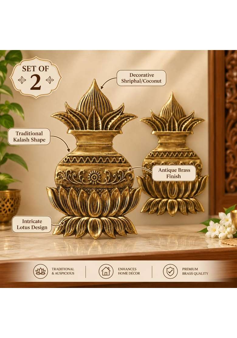 Gold Jyoti Home Decor Brass Kalash Wall Hanging with Coconut Shriphal with Lotus Design 30L X 20W CM - Indya