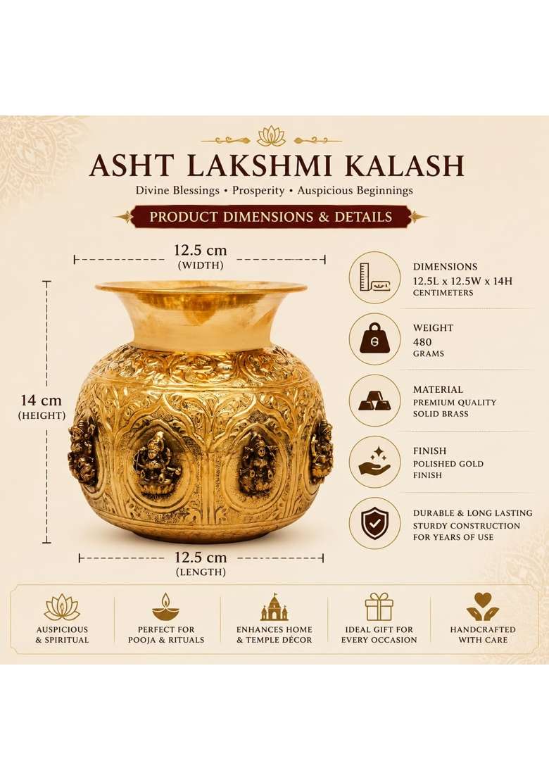 Shreeyaash Ashtalakshmi Kalash for Pooja Solid Brass Ashta Lakshmi Kalash with 8 Lakshmi Motifs 14 CM Height - Indya