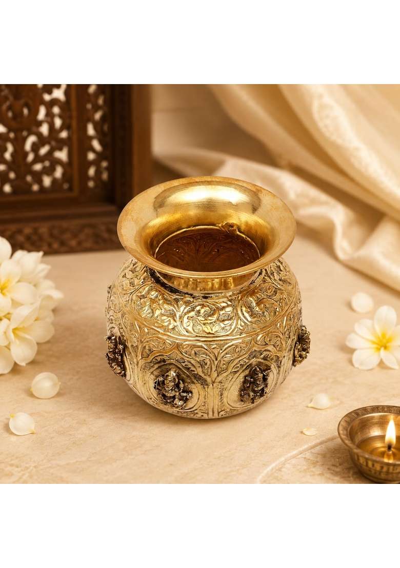Shreeyaash Ashtalakshmi Kalash for Pooja Solid Brass Ashta Lakshmi Kalash with 8 Lakshmi Motifs 14 CM Height - Indya