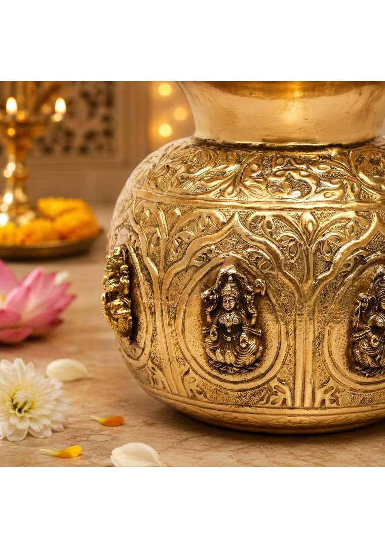 Shreeyaash Ashtalakshmi Kalash for Pooja Solid Brass Ashta Lakshmi Kalash with 8 Lakshmi Motifs 14 CM Height - Indya