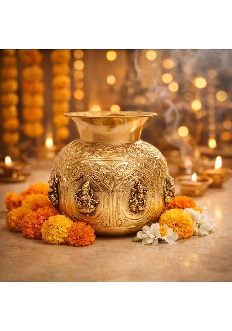 Shreeyaash Ashtalakshmi Kalash for Pooja Solid Brass Ashta Lakshmi Kalash with 8 Lakshmi Motifs 14 CM Height
