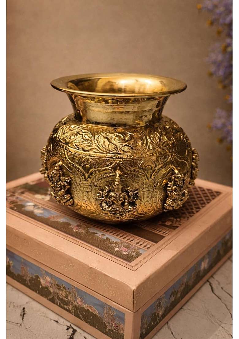Golden Premium Brass Ashta Lakshmi Kalash for Pooja Handcrafted Lakshmi Kalash Pot for Home Temple - Indya