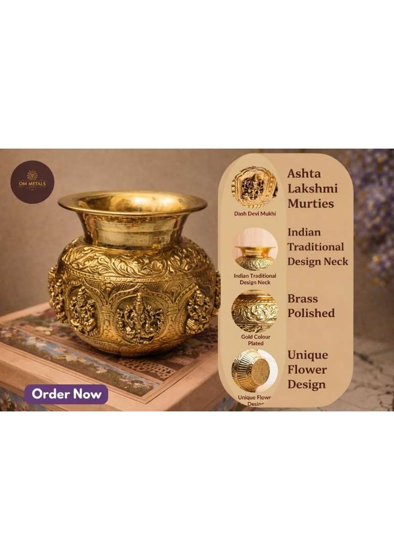 Golden Premium Brass Ashta Lakshmi Kalash for Pooja Handcrafted Lakshmi Kalash Pot for Home Temple - Indya