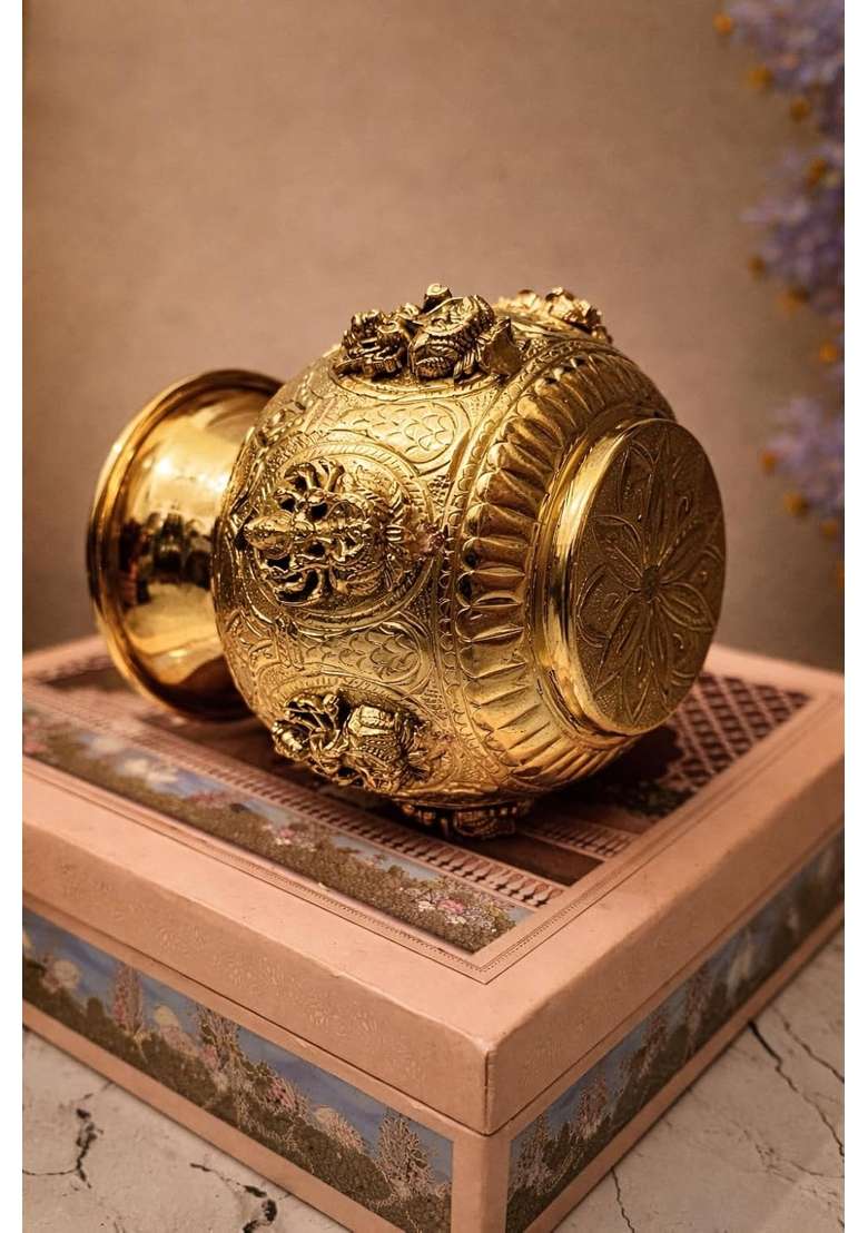 Golden Premium Brass Ashta Lakshmi Kalash for Pooja Handcrafted Lakshmi Kalash Pot for Home Temple - Indya