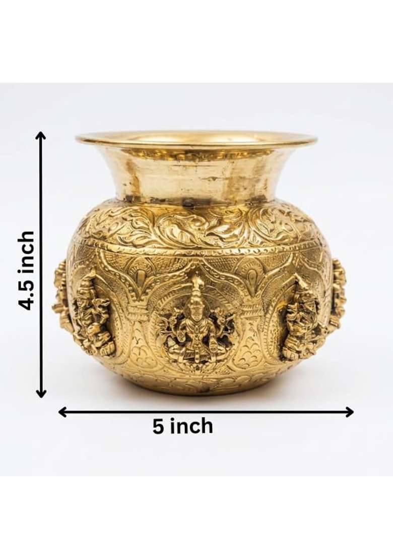Golden Premium Brass Ashta Lakshmi Kalash for Pooja Handcrafted Lakshmi Kalash Pot for Home Temple - Indya
