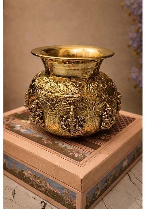 Golden Premium Brass Ashta Lakshmi Kalash for Pooja Handcrafted Lakshmi Kalash Pot for Home Temple