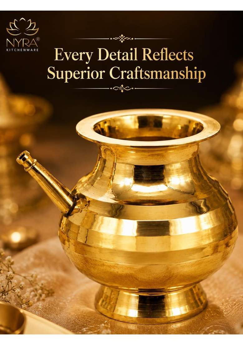 Nyra Pure Brass Karwa Chauth Kalash Lota Golden Round Heavy Karva for Puja Festival Diwali Large - Indya