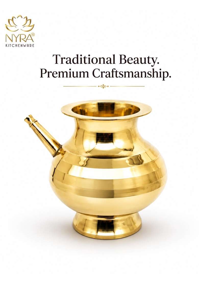 Nyra Pure Brass Karwa Chauth Kalash Lota Golden Round Heavy Karva for Puja Festival Diwali Large - Indya