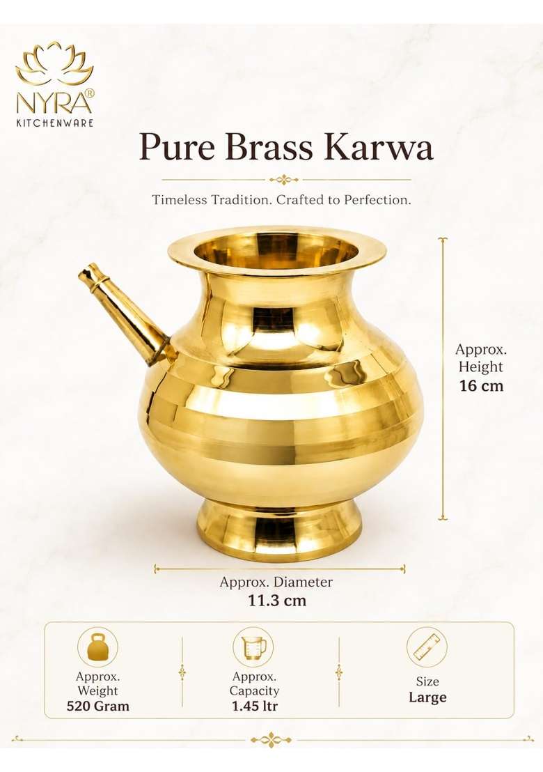 Nyra Pure Brass Karwa Chauth Kalash Lota Golden Round Heavy Karva for Puja Festival Diwali Large - Indya