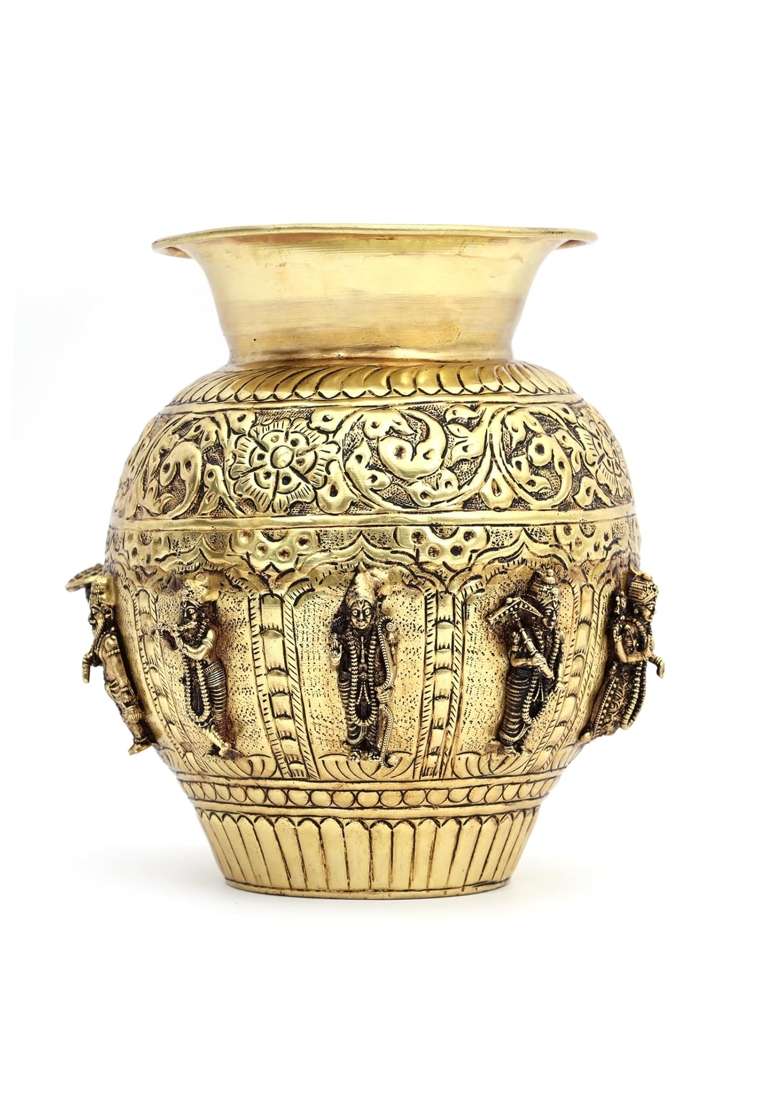 Natriel Golden Premium Decorative Designer Brass Kalash with Engraved Deities of Godess Laxmi 16 CM Height - Indya