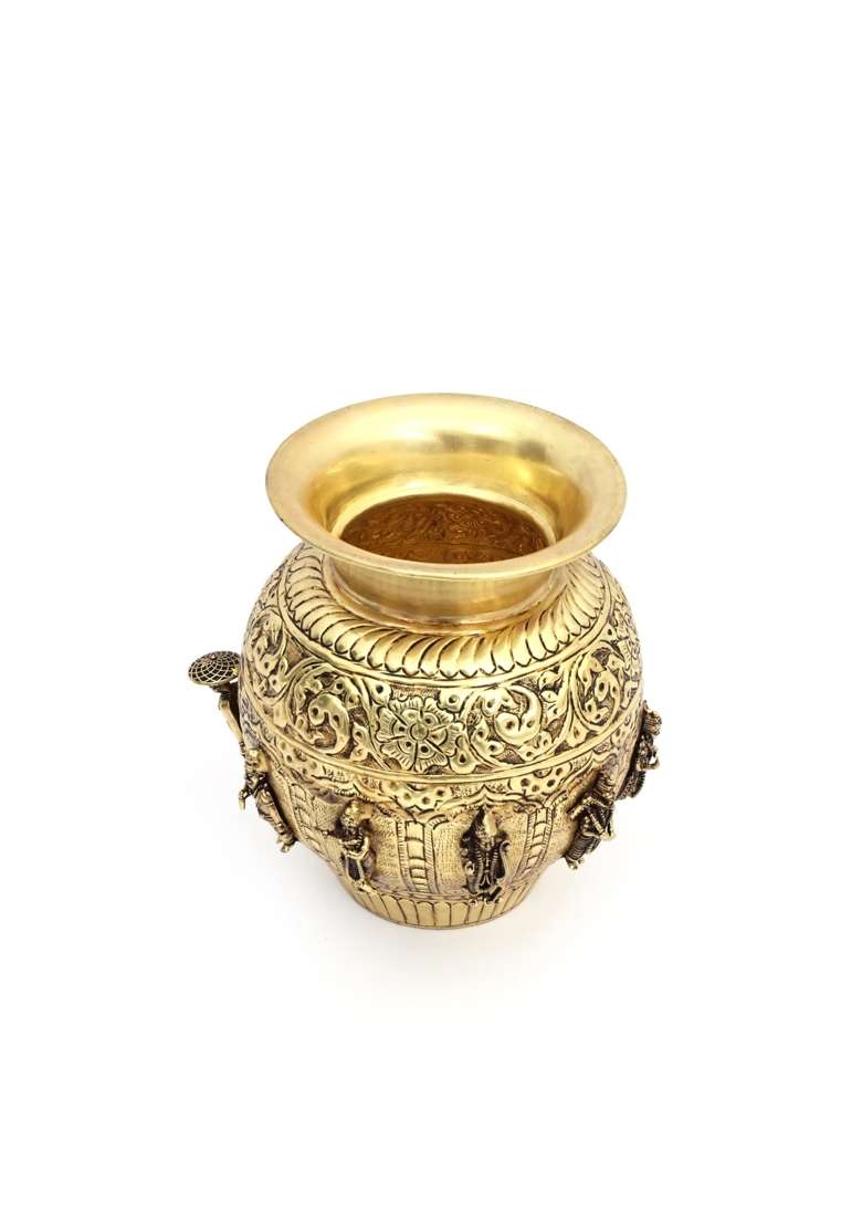 Natriel Golden Premium Decorative Designer Brass Kalash with Engraved Deities of Godess Laxmi 16 CM Height - Indya