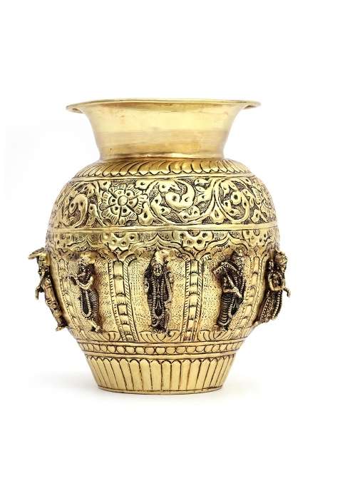Natriel Golden Premium Decorative Designer Brass Kalash with Engraved Deities of Godess Laxmi 16 CM Height