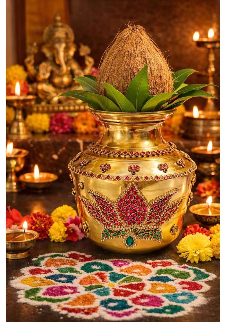 Brass Kalash Brass Kudam 1 and Half Litre 500G Kundan Decorative Pooja Kalash - Indya