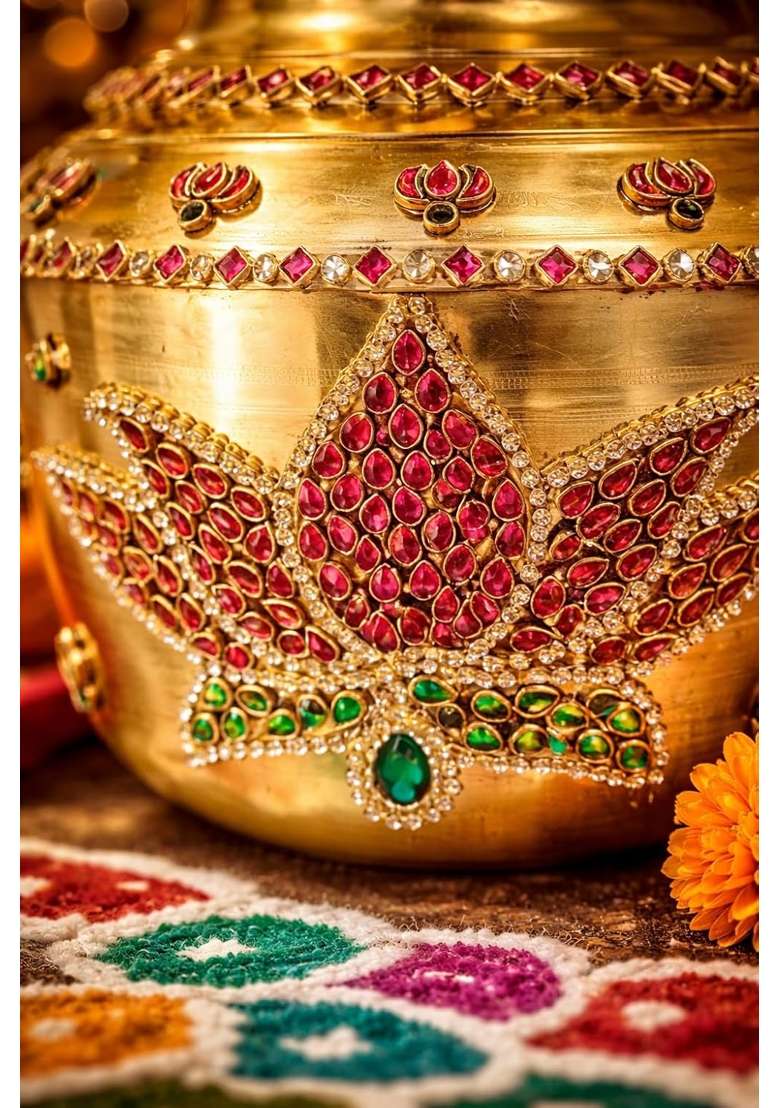 Brass Kalash Brass Kudam 1 and Half Litre 500G Kundan Decorative Pooja Kalash - Indya