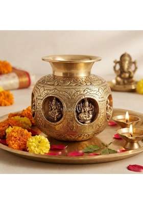 Bigiraaya Gold Brass Ashtalakshmi Lota 100 Percent Pure Brass Kalash for Pooja Lakshmi Puja Diwali