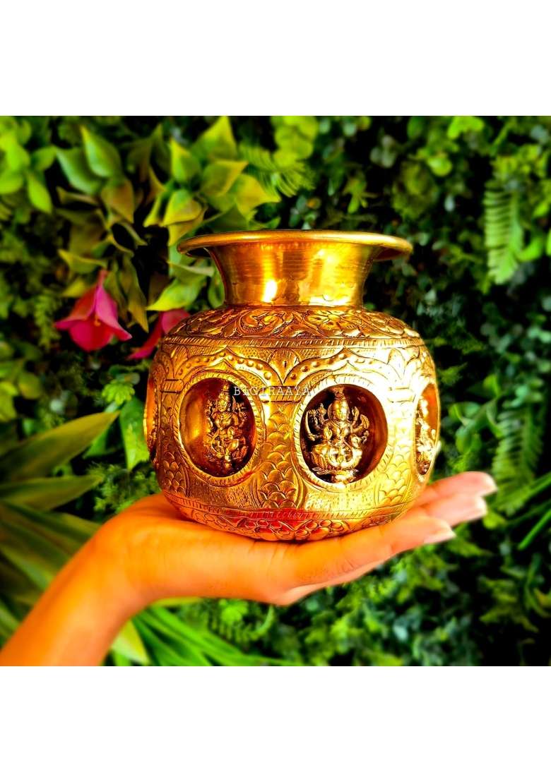 Bigiraaya Gold Brass Ashtalakshmi Lota 100 Percent Pure Brass Kalash for Pooja Lakshmi Puja Diwali - Indya