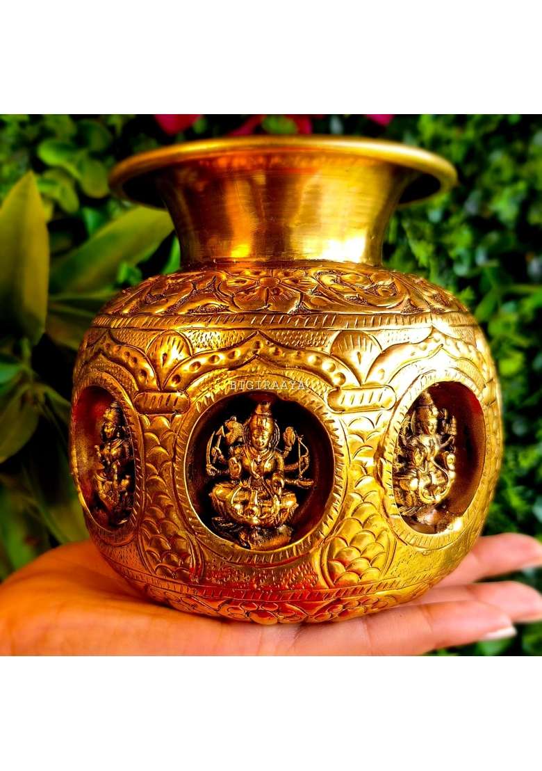 Bigiraaya Gold Brass Ashtalakshmi Lota 100 Percent Pure Brass Kalash for Pooja Lakshmi Puja Diwali - Indya