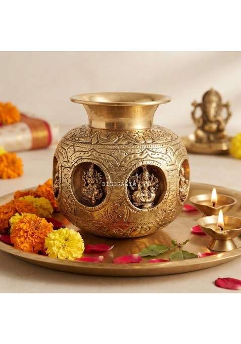 Bigiraaya Gold Brass Ashtalakshmi Lota 100 Percent Pure Brass Kalash for Pooja Lakshmi Puja Diwali