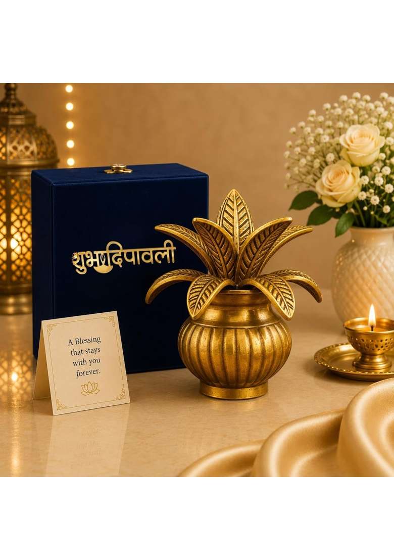 International Gift Gold Plated Brass Kalash with Coconut and Mango Leaves - Indya