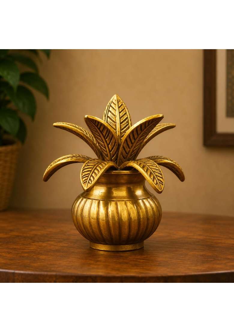 International Gift Gold Plated Brass Kalash with Coconut and Mango Leaves - Indya