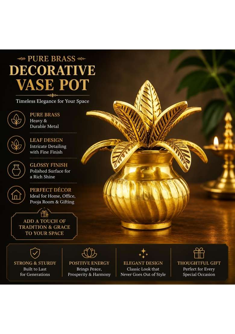 International Gift Gold Plated Brass Kalash with Coconut and Mango Leaves - Indya