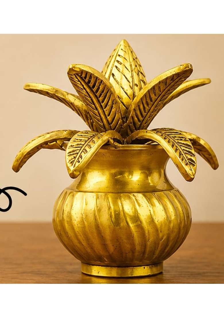 International Gift Gold Plated Brass Kalash with Coconut and Mango Leaves - Indya