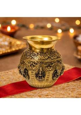 Gold Handcrafted 100 Percent Pure Brass Ashtalakshmi Kalash Premium Indian Craftsmanship