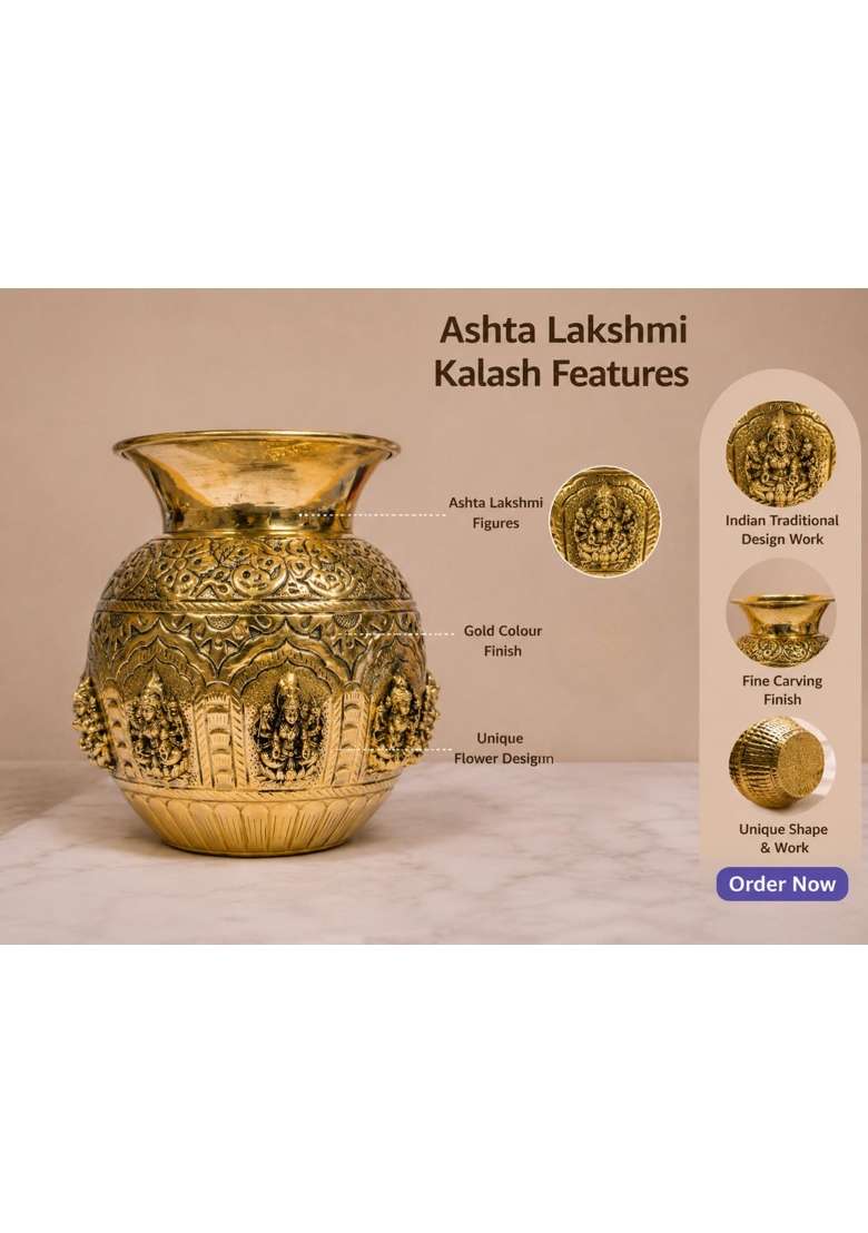Gold Handcrafted 100 Percent Pure Brass Ashtalakshmi Kalash Premium Indian Craftsmanship - Indya
