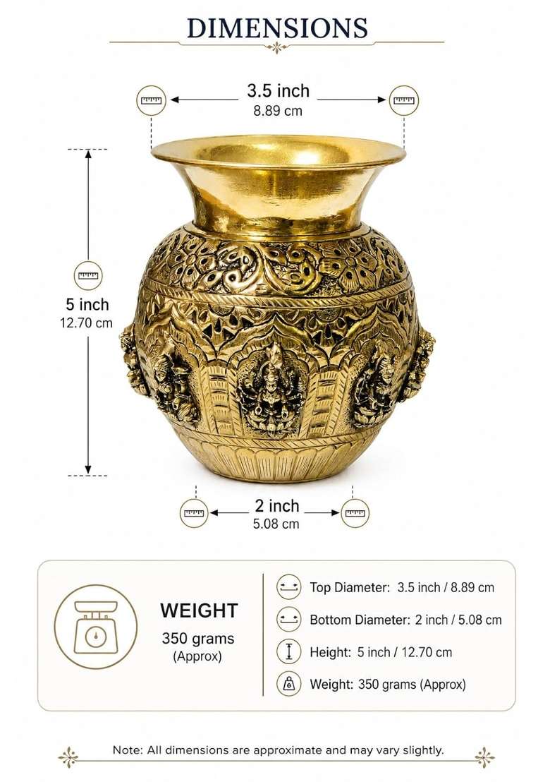 Gold Handcrafted 100 Percent Pure Brass Ashtalakshmi Kalash Premium Indian Craftsmanship - Indya