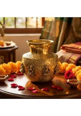 Antiqar Brass Ashta Lakshmi Kalash 14CM Antique Yellow Finish
