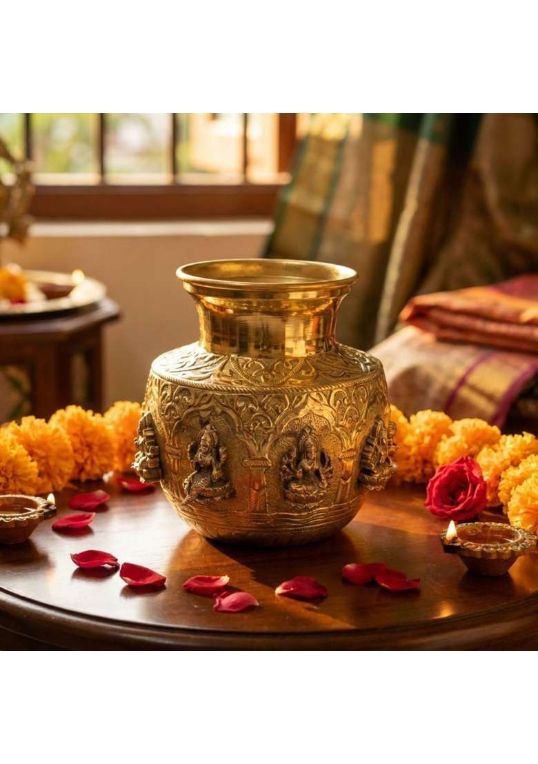 Antiqar Brass Ashta Lakshmi Kalash 14CM Antique Yellow Finish - Indya