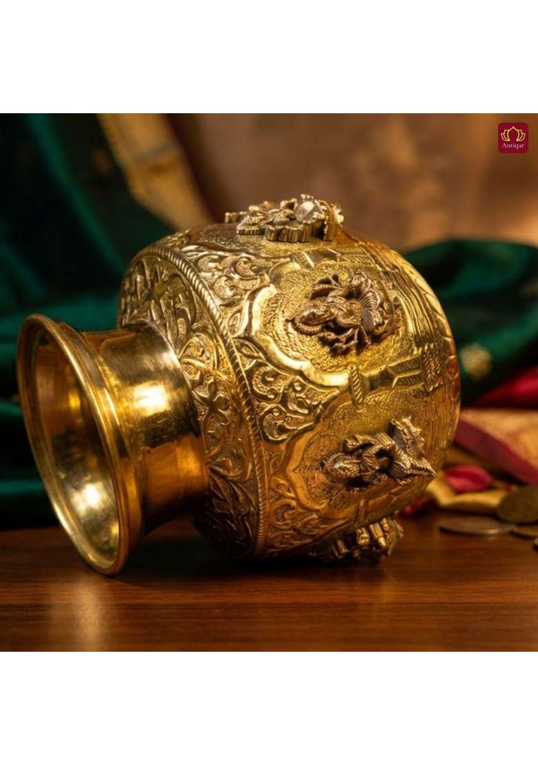 Antiqar Brass Ashta Lakshmi Kalash 14CM Antique Yellow Finish - Indya