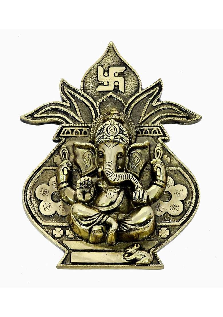 Esplanade Golden Brass Ganesha Kalash Wall Hanging Heavy Solid Brass Door and Home Decor - Indya