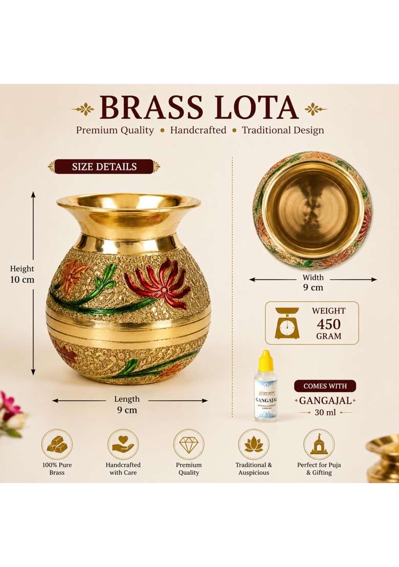Benares Souvenirs Gold Brass Lota for Puja with Gangajal Decorative Pooja Lota Kalash for Shivling Abhishek - Indya