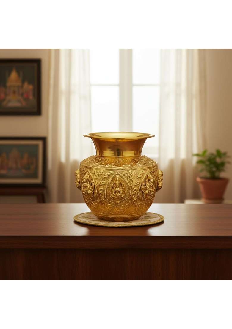 Multicolour Aditiya Shopping Brass Asthalaxmi Kalash Traditional Pooja Pot with Antique Finish for Navratri - Indya