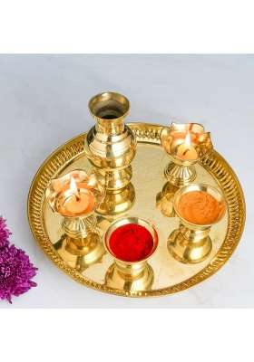 Bhimonee Decor Gold Brass Plain Heavy Attached Pooja Set