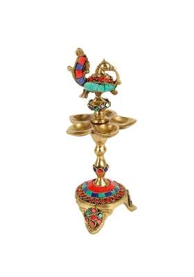 Two Moustaches Multicolour Gemstone Work Peacock Over Ethnic Carved Legs Five Oil Wick Brass Diya Pack of 1