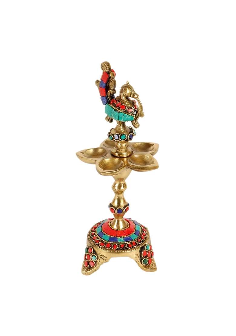Two Moustaches Multicolour Gemstone Work Peacock Over Ethnic Carved Legs Five Oil Wick Brass Diya Pack of 1 - Indya