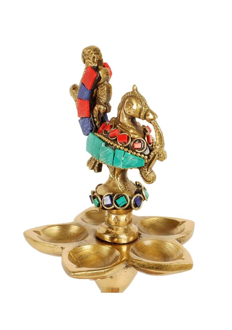 Two Moustaches Multicolour Gemstone Work Peacock Over Ethnic Carved Legs Five Oil Wick Brass Diya Pack of 1 - Indya