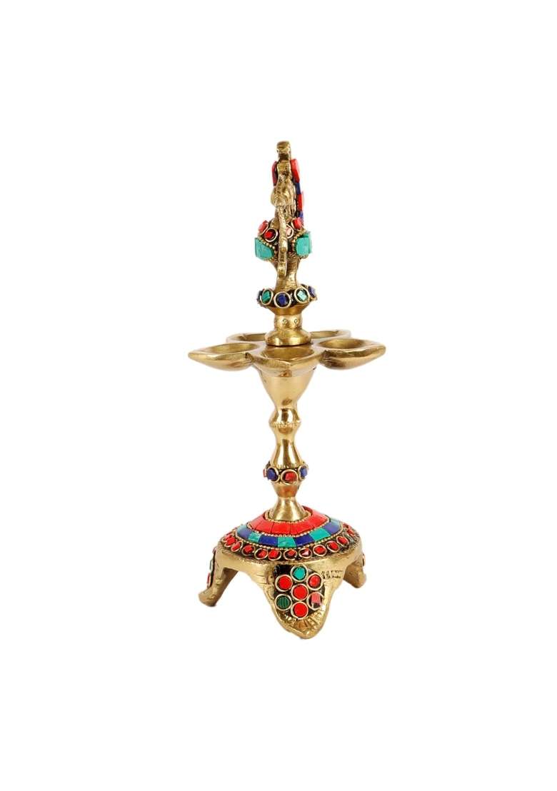 Two Moustaches Multicolour Gemstone Work Peacock Over Ethnic Carved Legs Five Oil Wick Brass Diya Pack of 1 - Indya