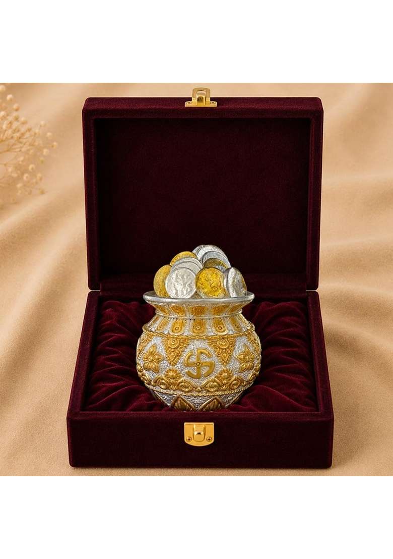 Diviniti 999 Silver and 24K Gold Plated Coin Kuber Kalash Prosperity Kalash for Home Office and Pooja Mandir - Indya